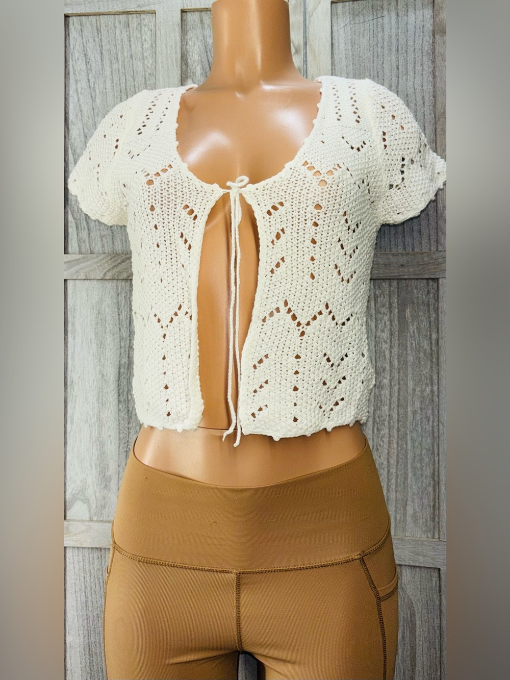Altar'd State Crochet Tie-Front Short Sleeve Sweater - Cream